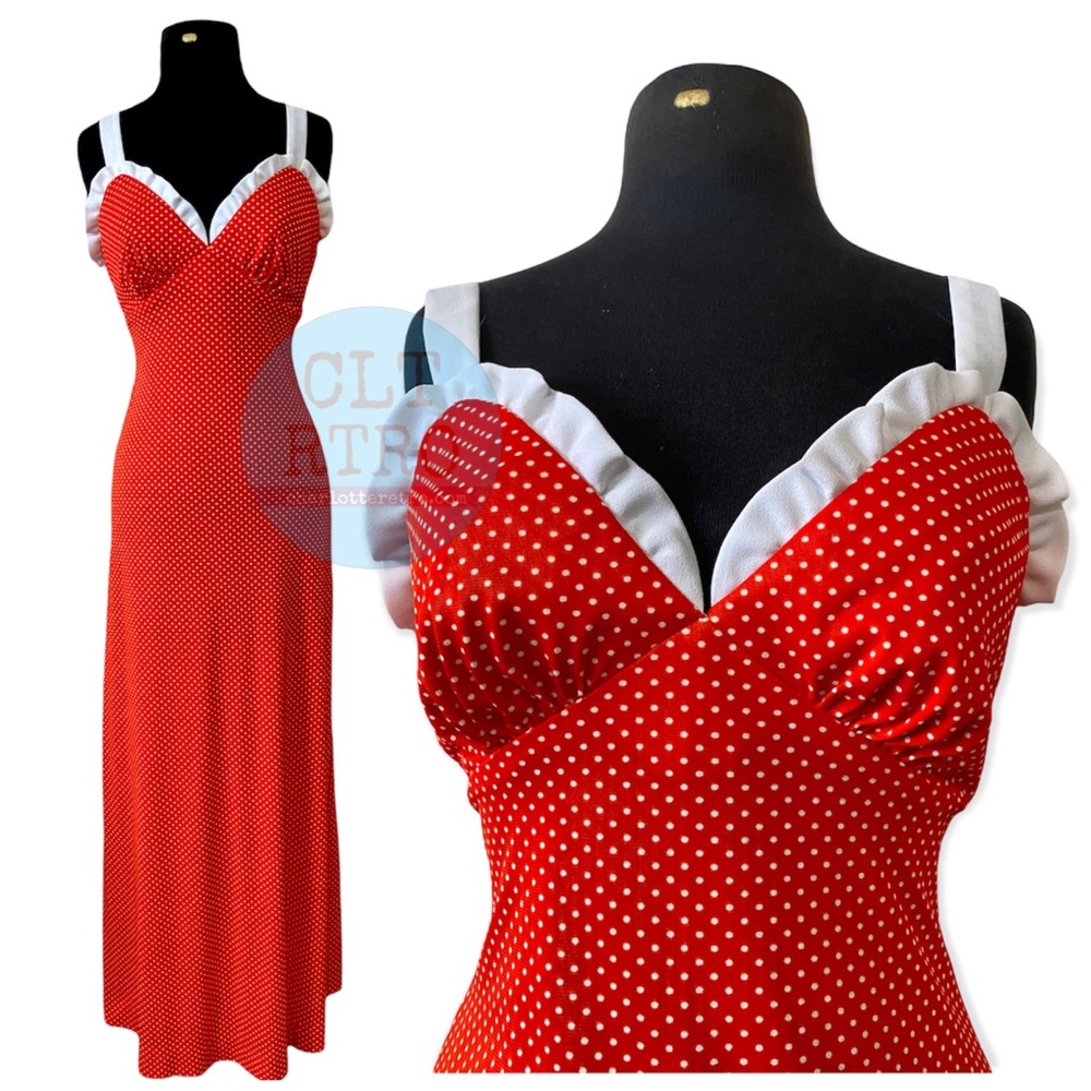 vtg Red Polka Dot Ruffle Maxi Dress - Picture 12 of 12